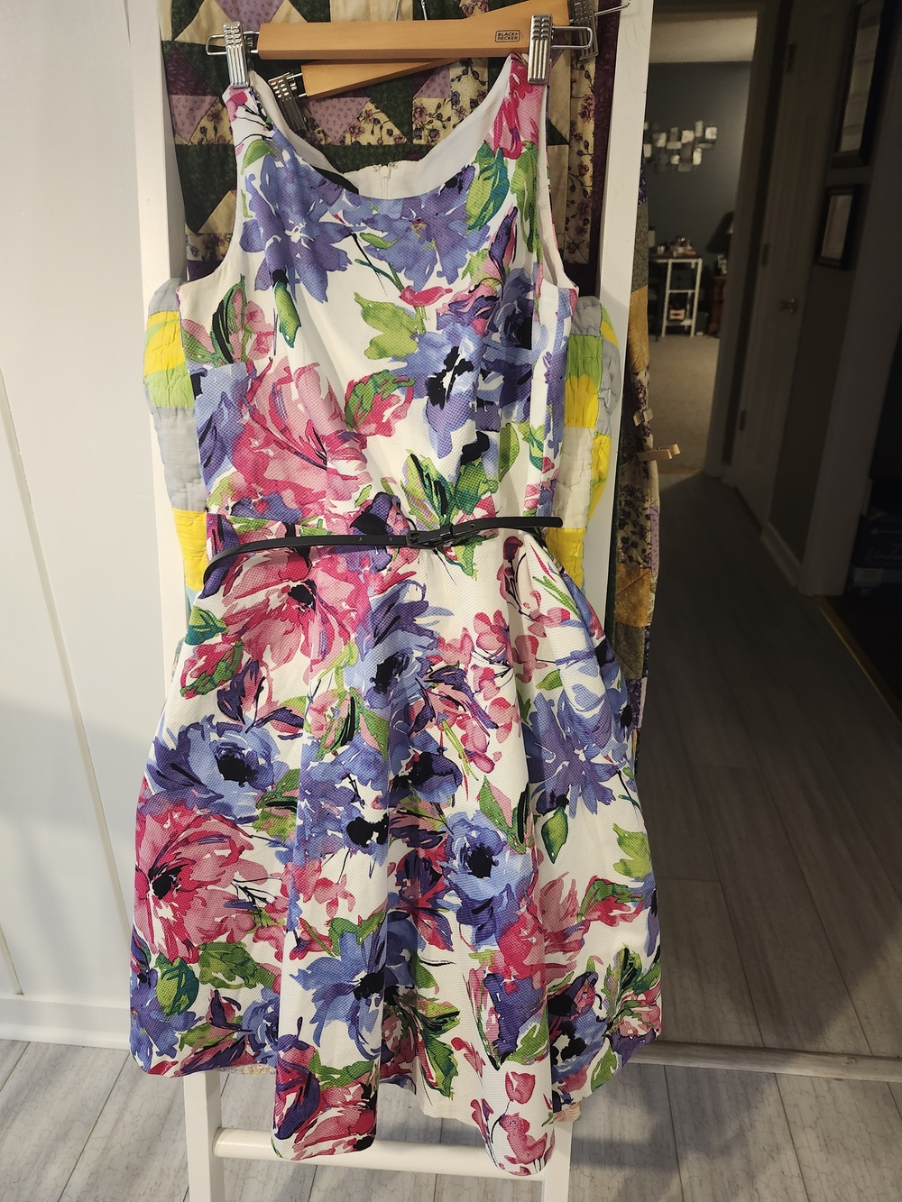 Floral Print Womens Summer Dress - White with Pink & Purple Flowers